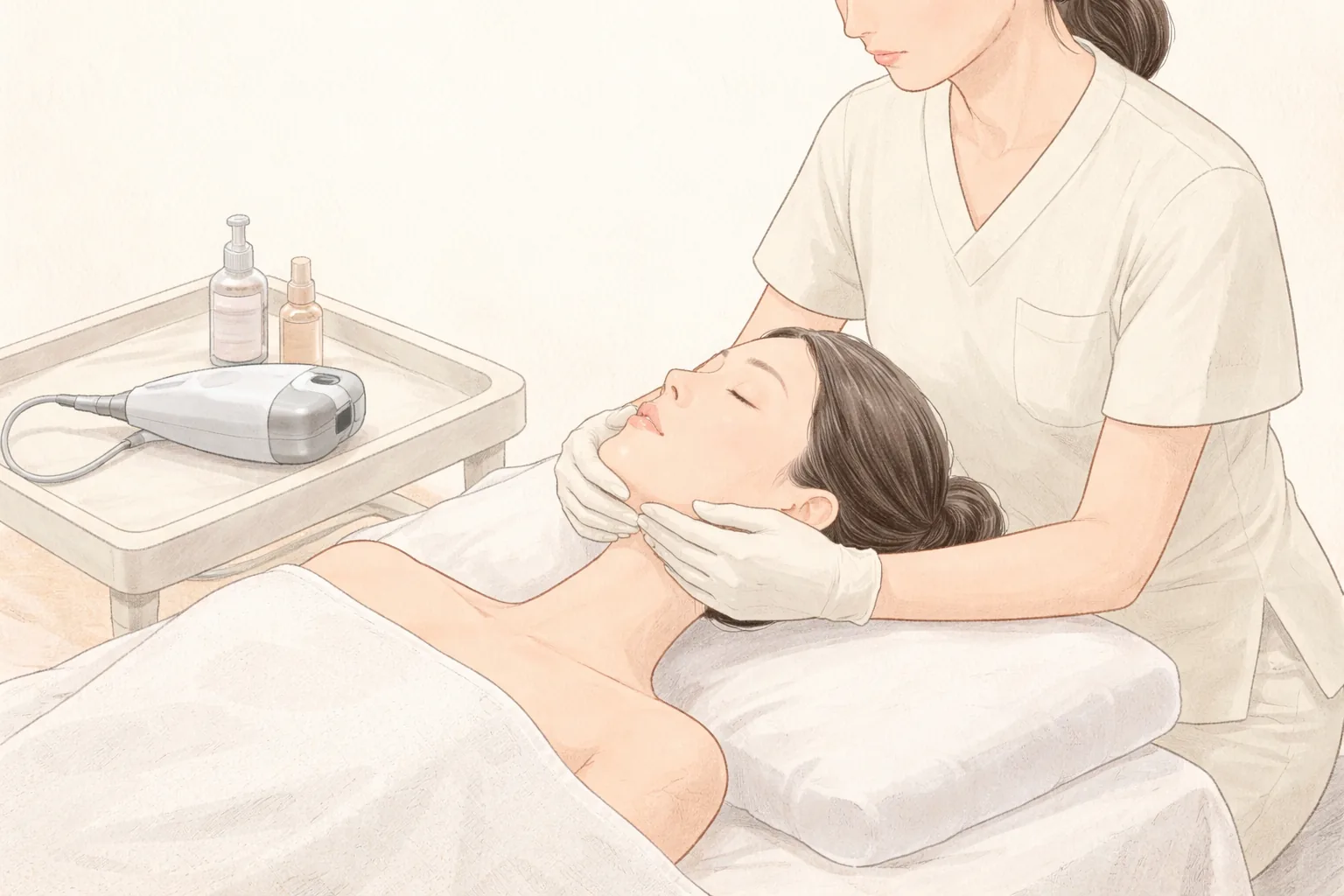 診間裡醫師檢視躺臥女性下顎線的畫面