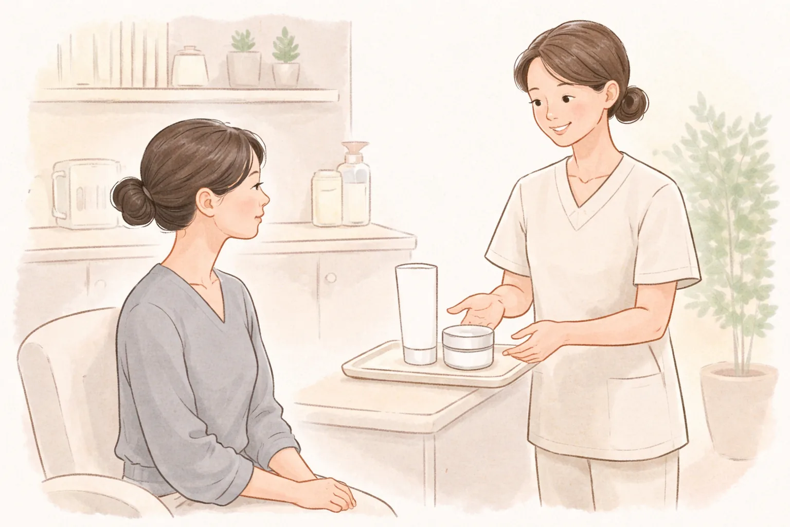 Personal médico explicando a una mujer el protector solar y la crema hidratante