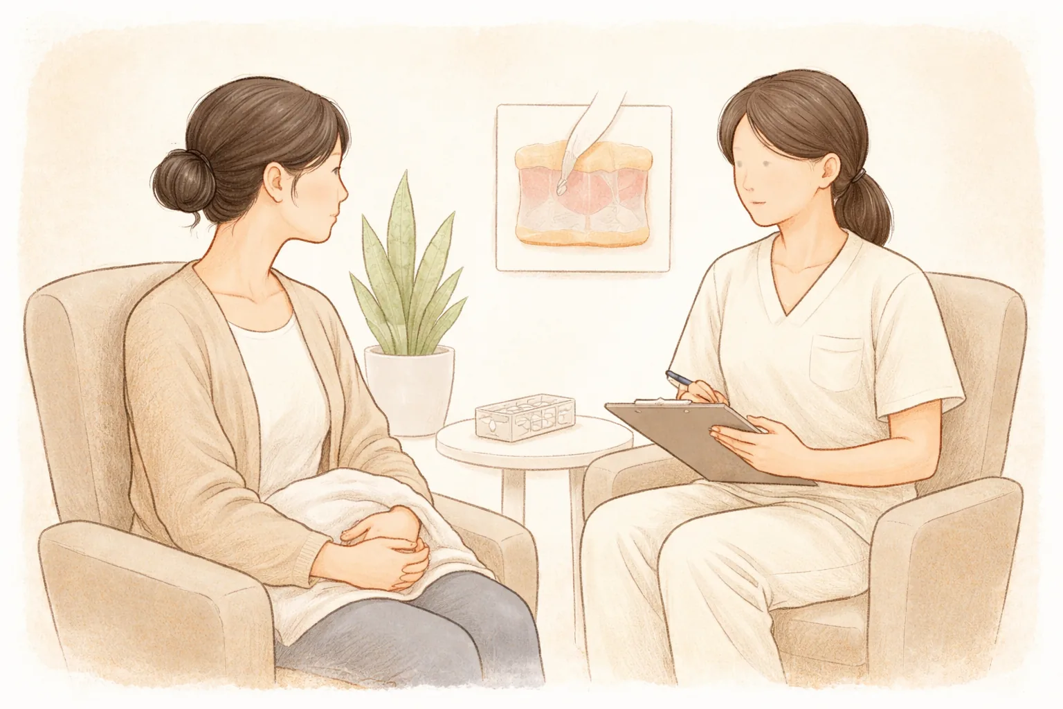 毛布を膝にかけた女性と医療スタッフがカウンセリング室の椅子で話している様子