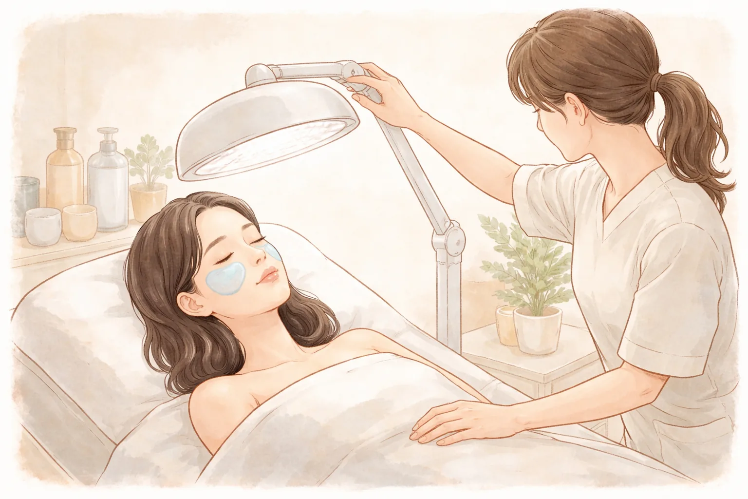 施術室のベッドに横たわり冷却ジェルマスクをつけた女性と照明を調整する医療者