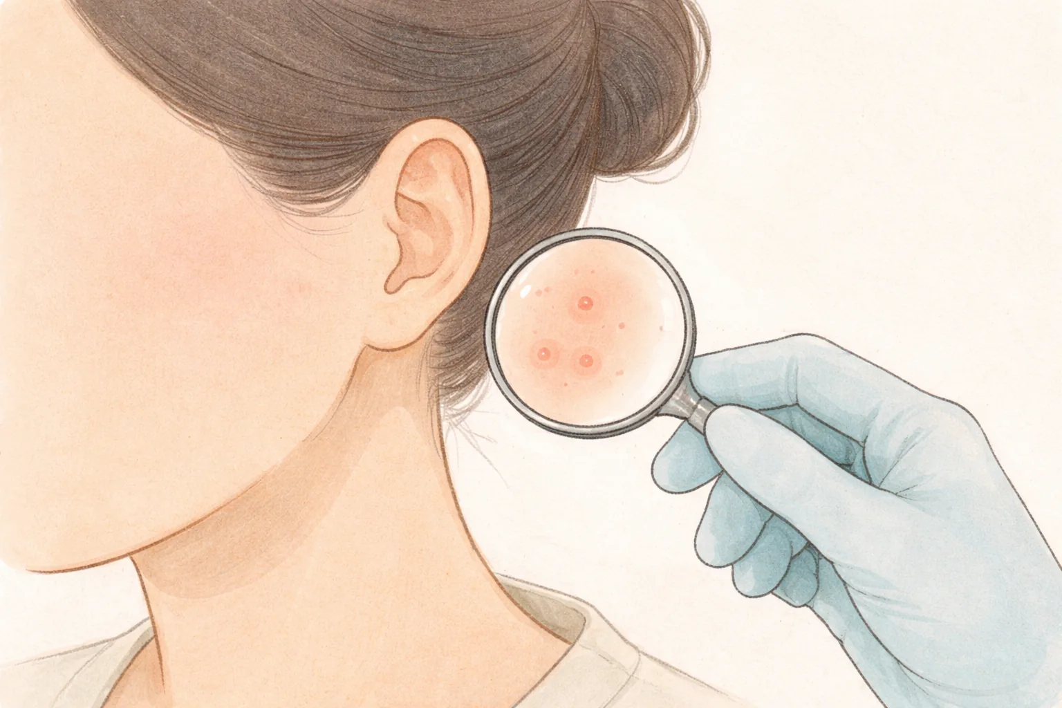 Magnified view of the side of a woman's face and skin with hair tied back