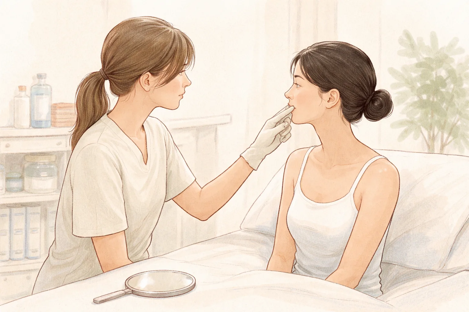 Clinician gently pressing a patient's cheek with a gloved finger