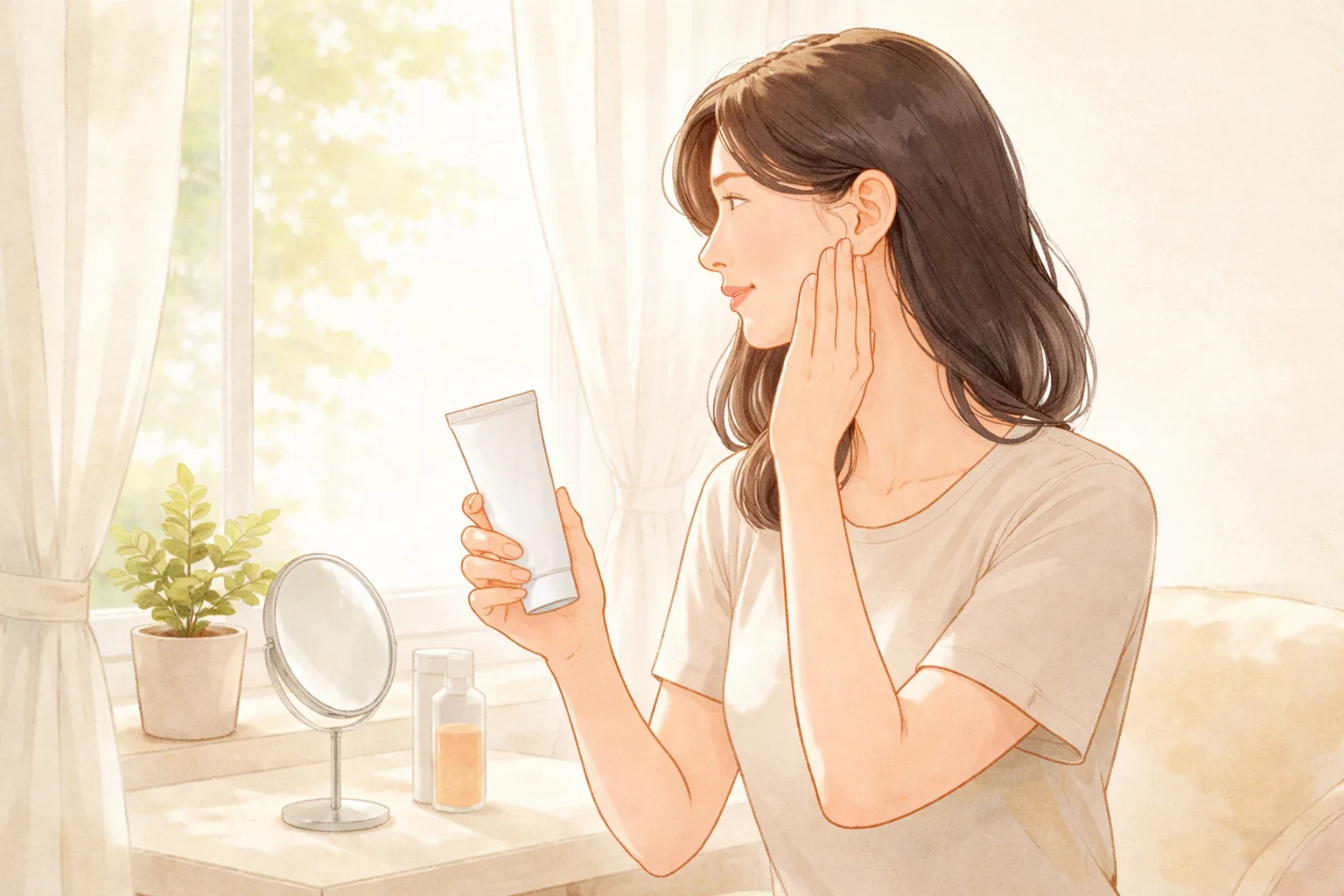 在窗邊拿著防曬產品輕觸臉頰的女性