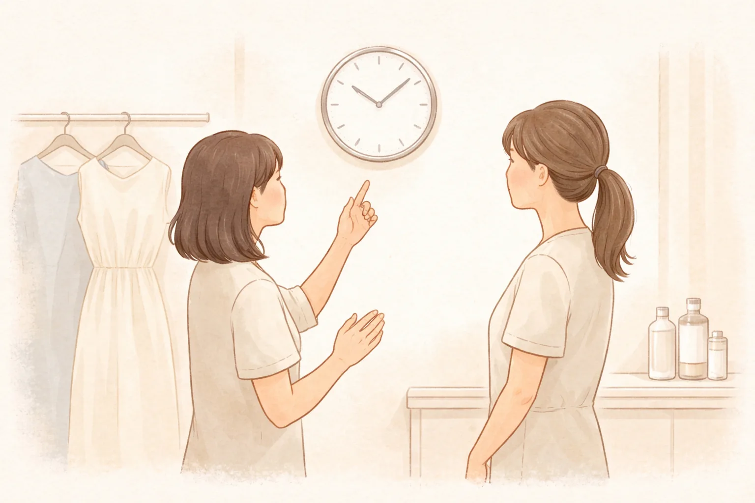 벽시계를 가리키며 대화하는 두 여성