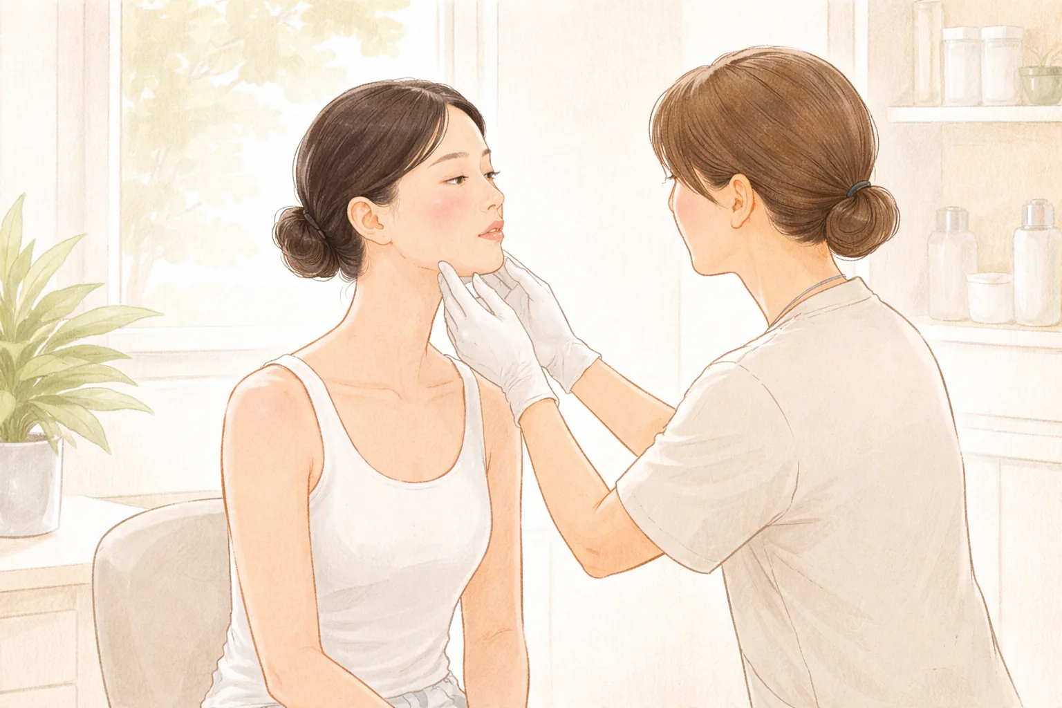 장갑 낀 손으로 여성 환자의 턱과 볼을 살펴보는 의료진의 진료 장면