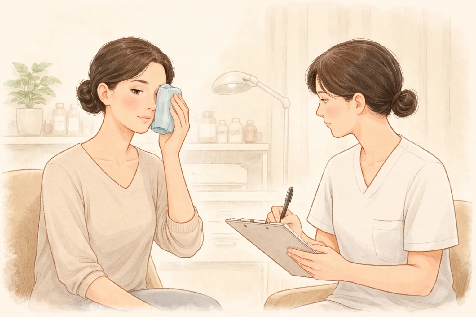 女性坐著將冷敷布放在眼下，醫療人員在一旁記錄