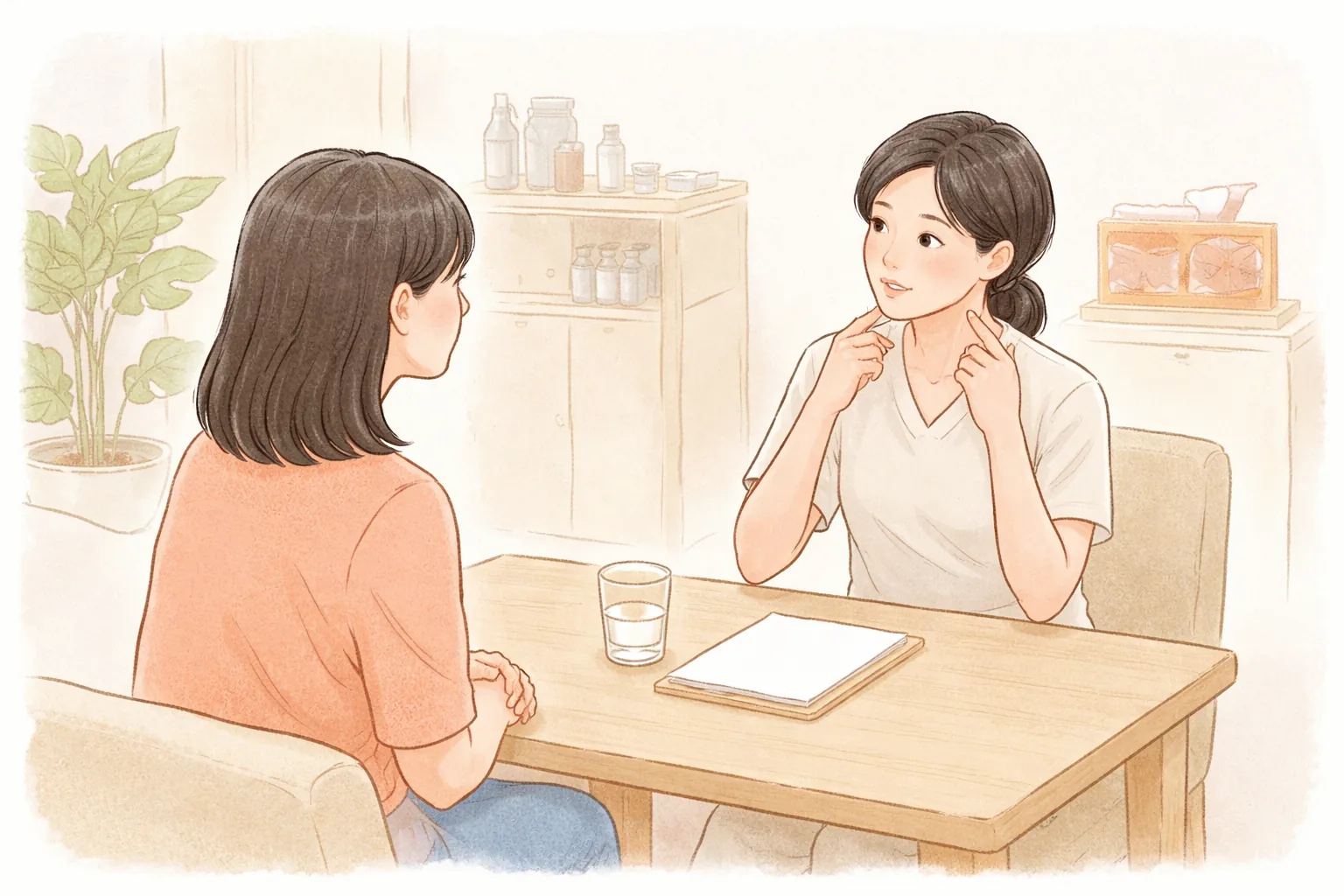 밝은 상담실에서 테이블에 마주 앉아 턱선을 가리키며 대화하는 두 여성