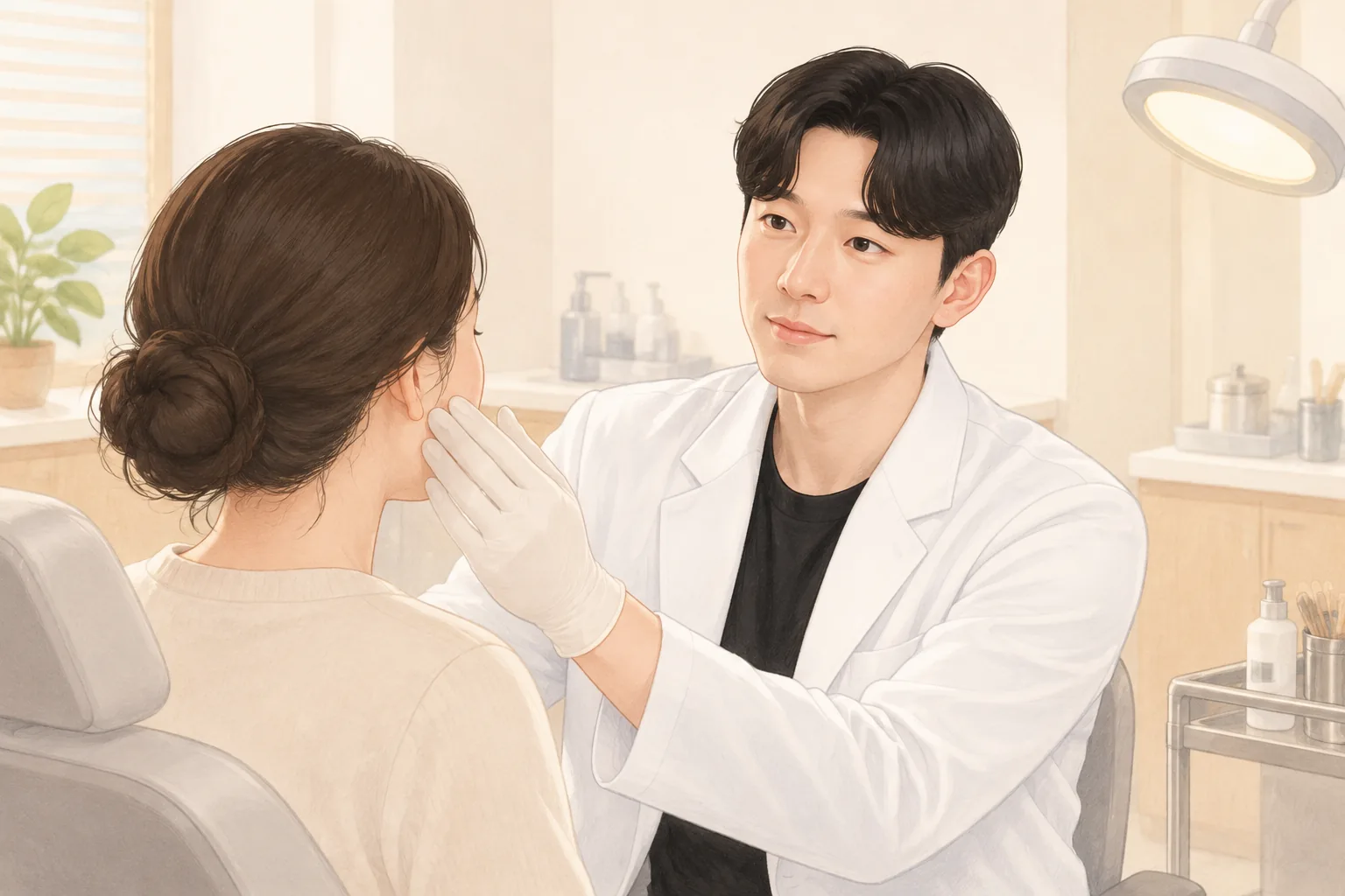 장갑 낀 남자 의사가 앉아 있는 여성 환자의 볼을 살피는 모습
