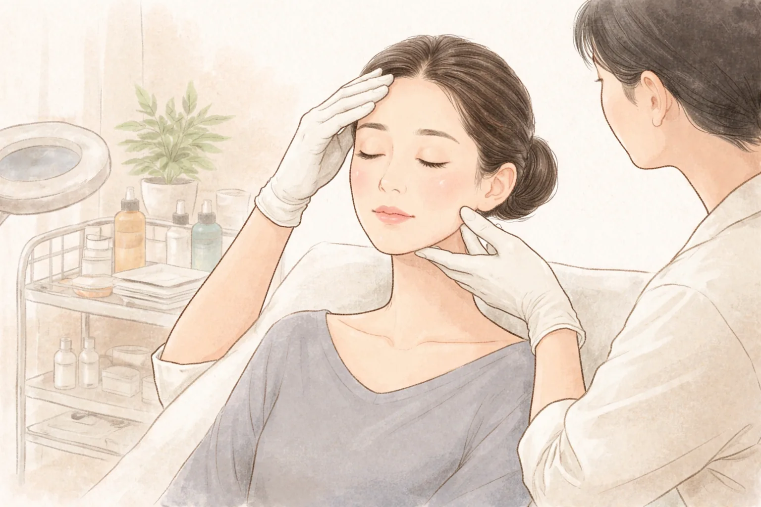 施術台に座って目を閉じた女性の額とあごのラインを手で示す医療スタッフ