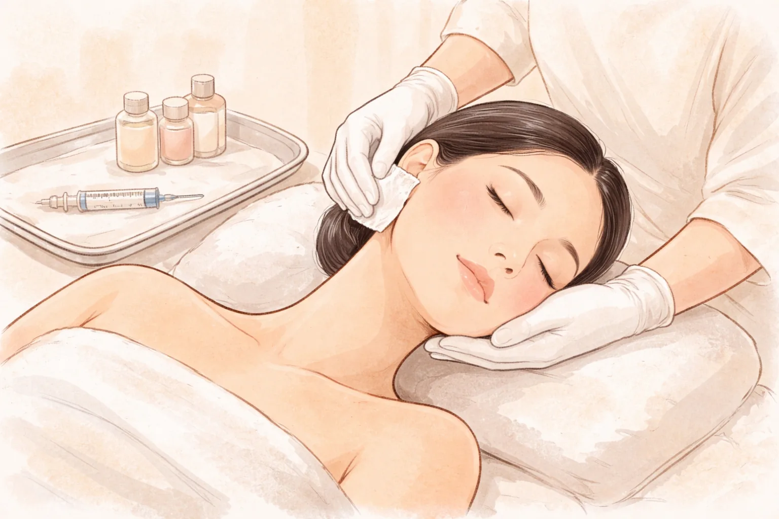 Tangan bersarung tangan membersihkan wajah wanita yang berbaring di bed perawatan dengan lembut