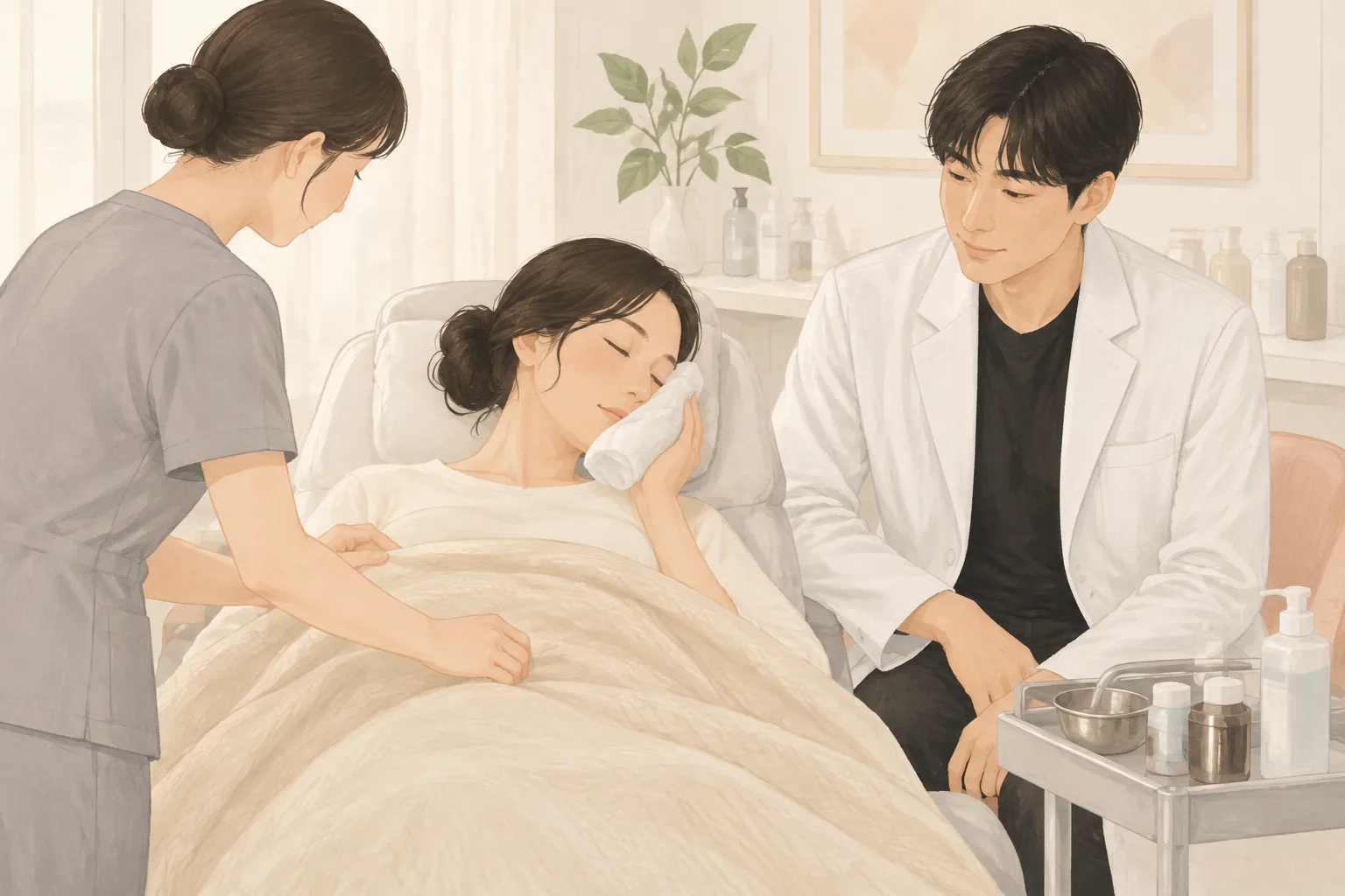 Pasien berbaring dengan kompres dingin di pipi, didampingi perawat dan dokter