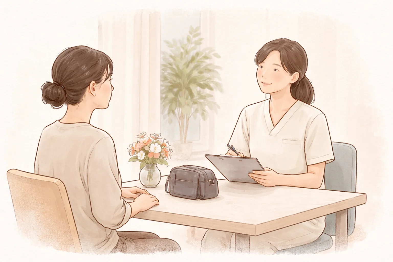 Dos mujeres conversando en un escritorio de consulta con flores y un bolso de cámara