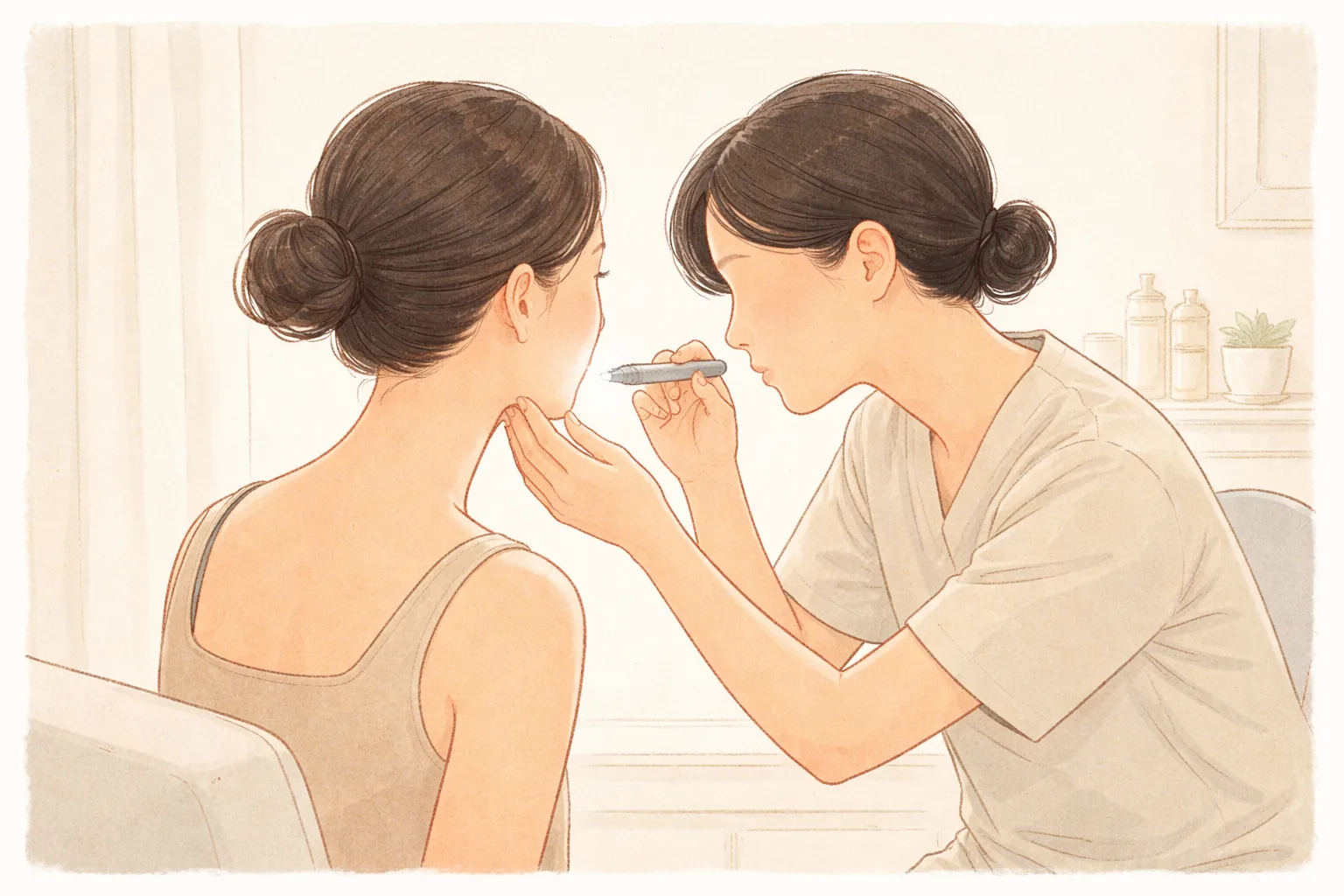 Clinician examining a patient's cheek with gloved hands