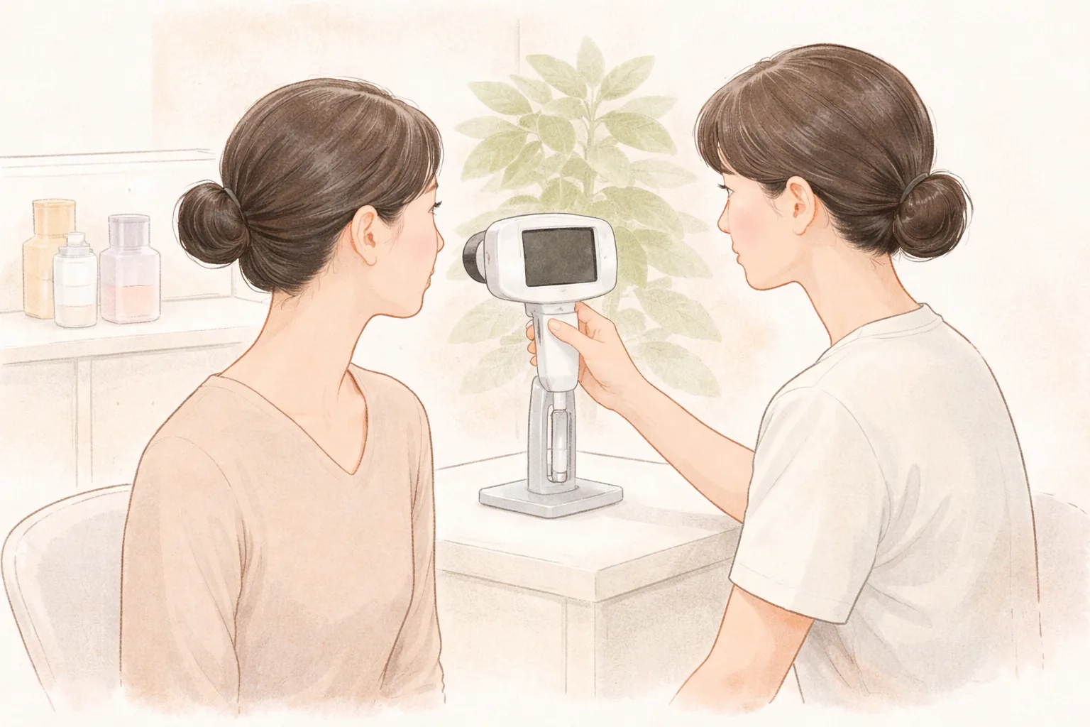 醫療人員手持皮膚分析相機，女性坐在前方