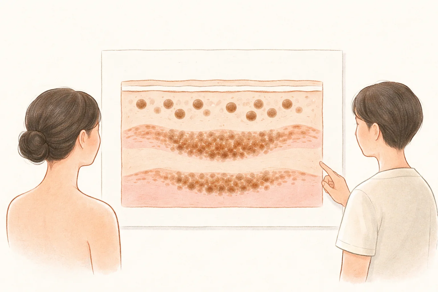 一男一女正在查看皮膚斷面圖