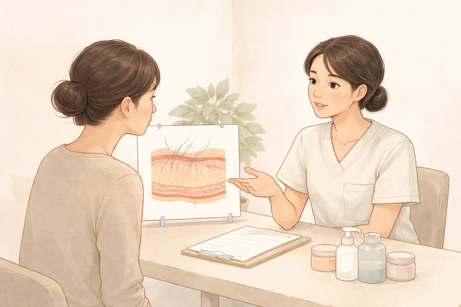 Clinician explaining a skin diagram to a seated woman