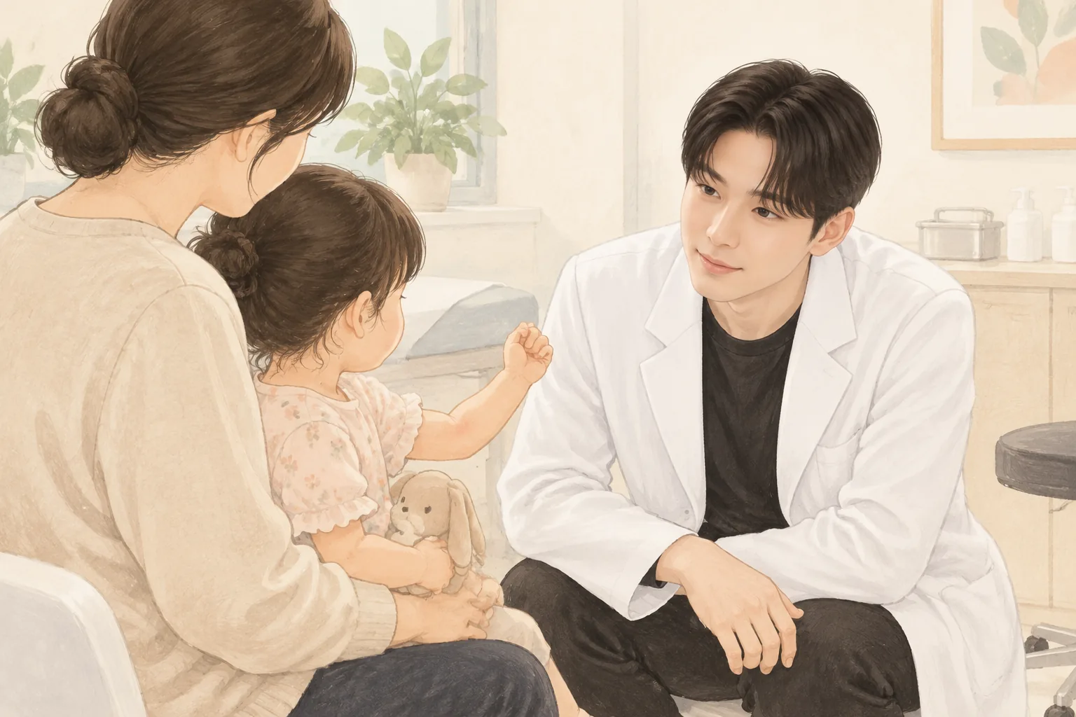 保護者の膝に座った子供の腕を診る医師