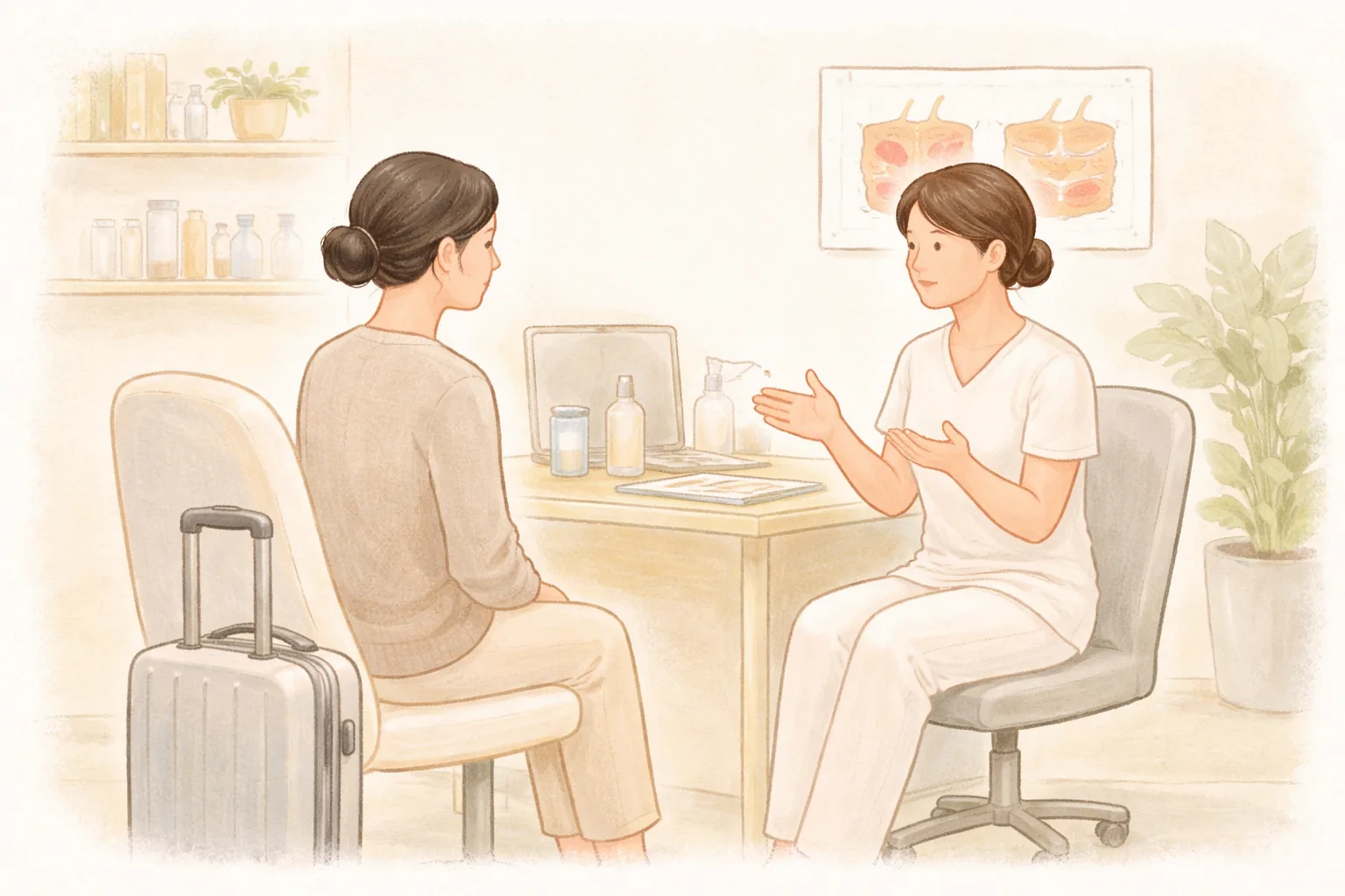 Dos mujeres conversando en una consulta junto a una maleta de viaje, una con ropa de personal médico
