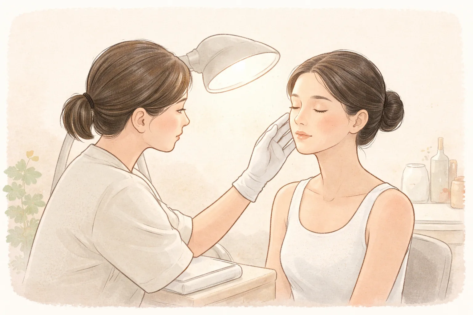 醫療人員在柔和燈光下用手檢查女性臉頰