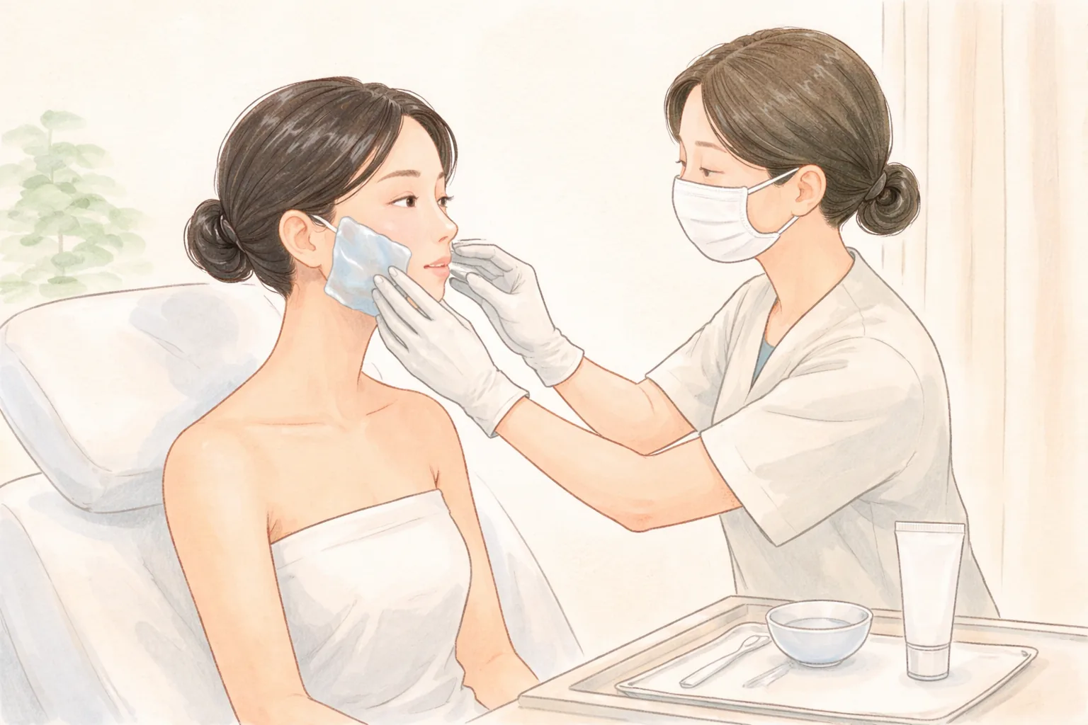 施術ベッドに座る女性の頬にジェルシートをのせるスタッフ