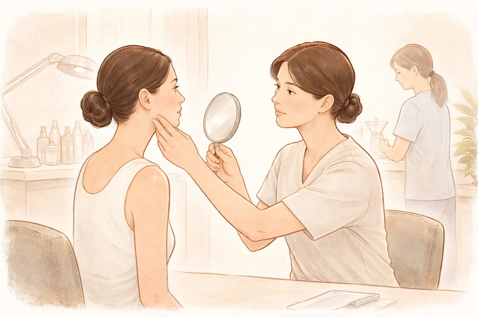 거울로 자신의 얼굴을 체크하는 여성과 여성 의료진, 의료 시설 배경