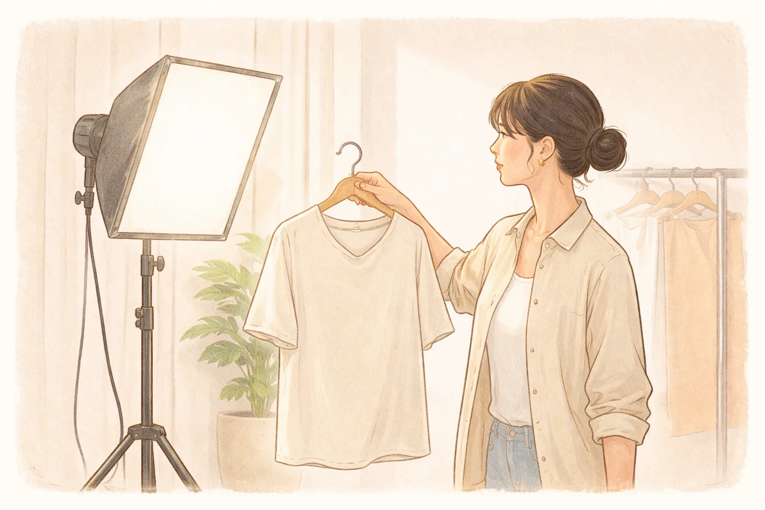 女性在燈光旁拿著衣架上的衣服