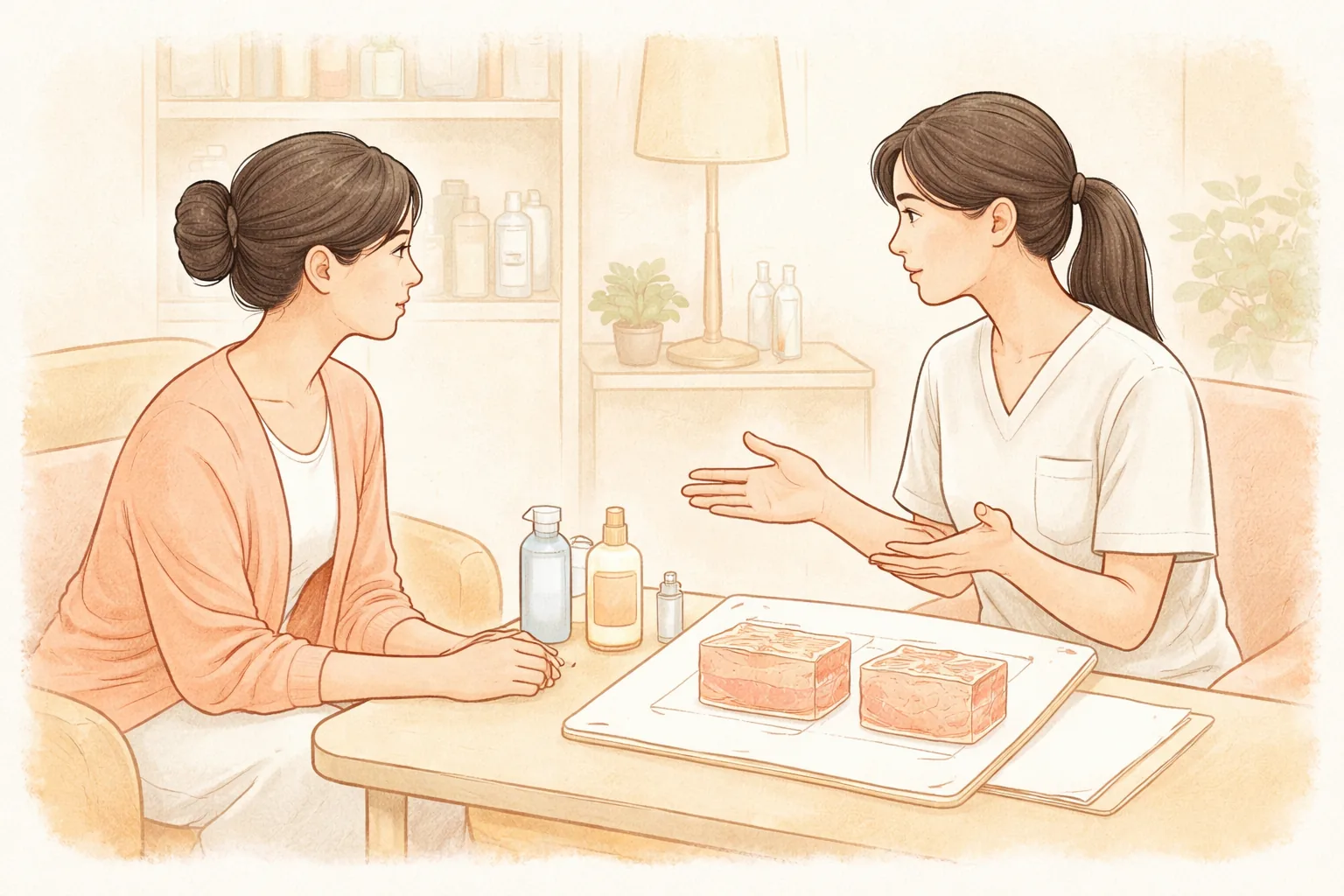 諮詢室內相對而坐交談的兩位女性,桌上有肌膚模型與保養瓶