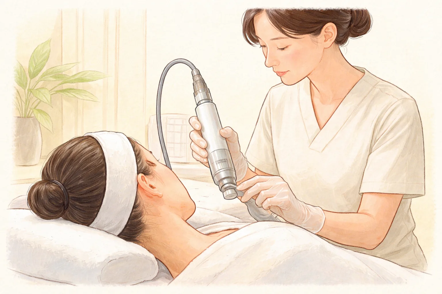 Gloved clinician holding a laser device and treating the face of a woman lying on a treatment bed