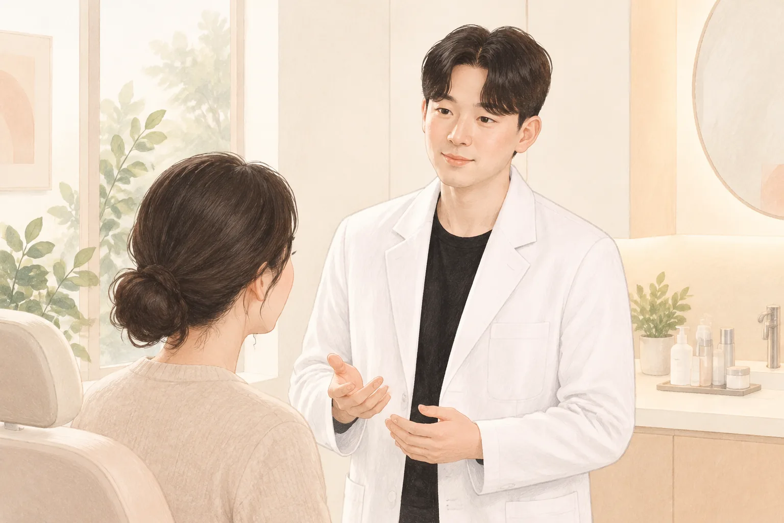 상담실에서 환자와 대화하는 남성 의사와 여성 환자