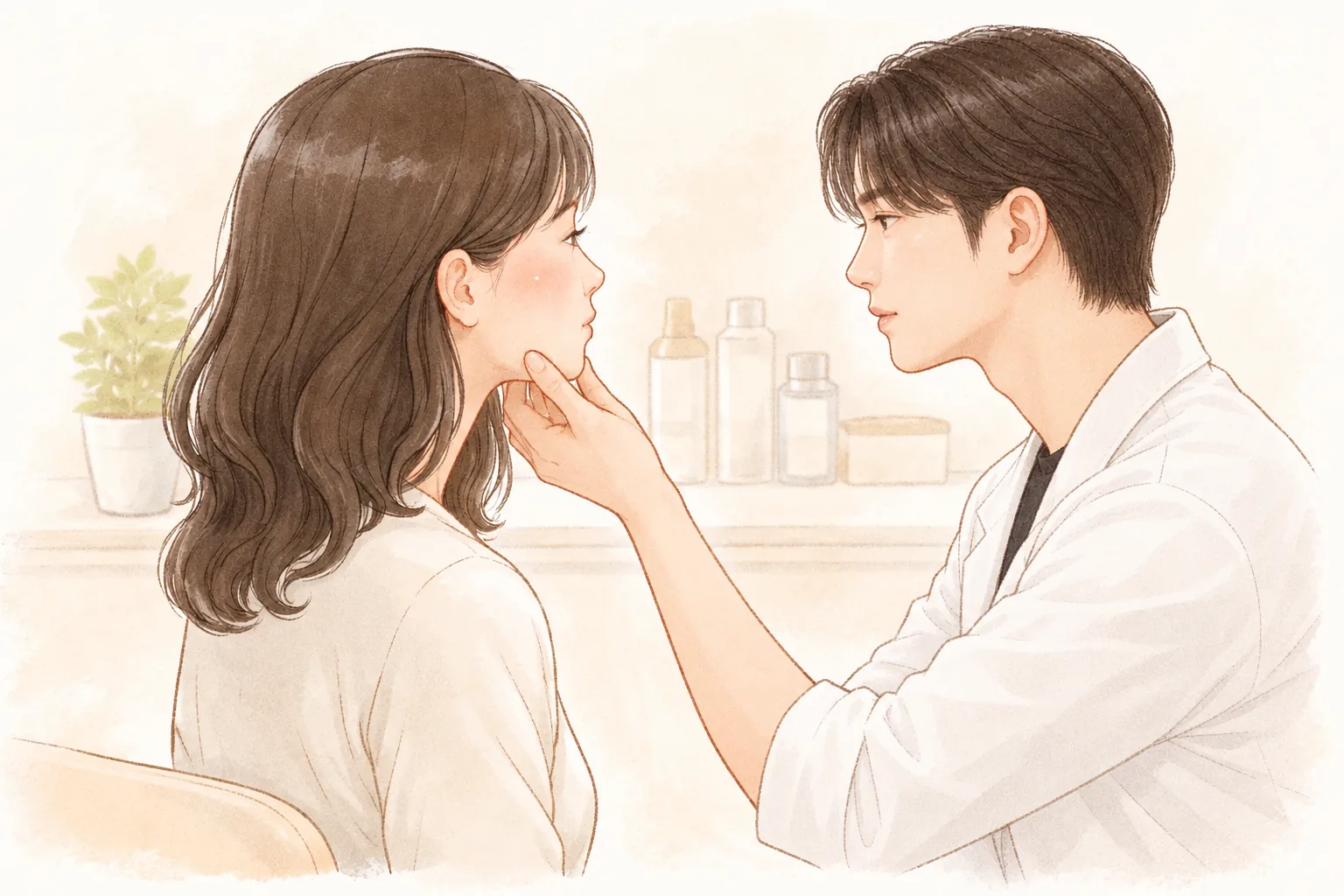 의료진이 환자의 붉어진 볼을 살피고 있음
