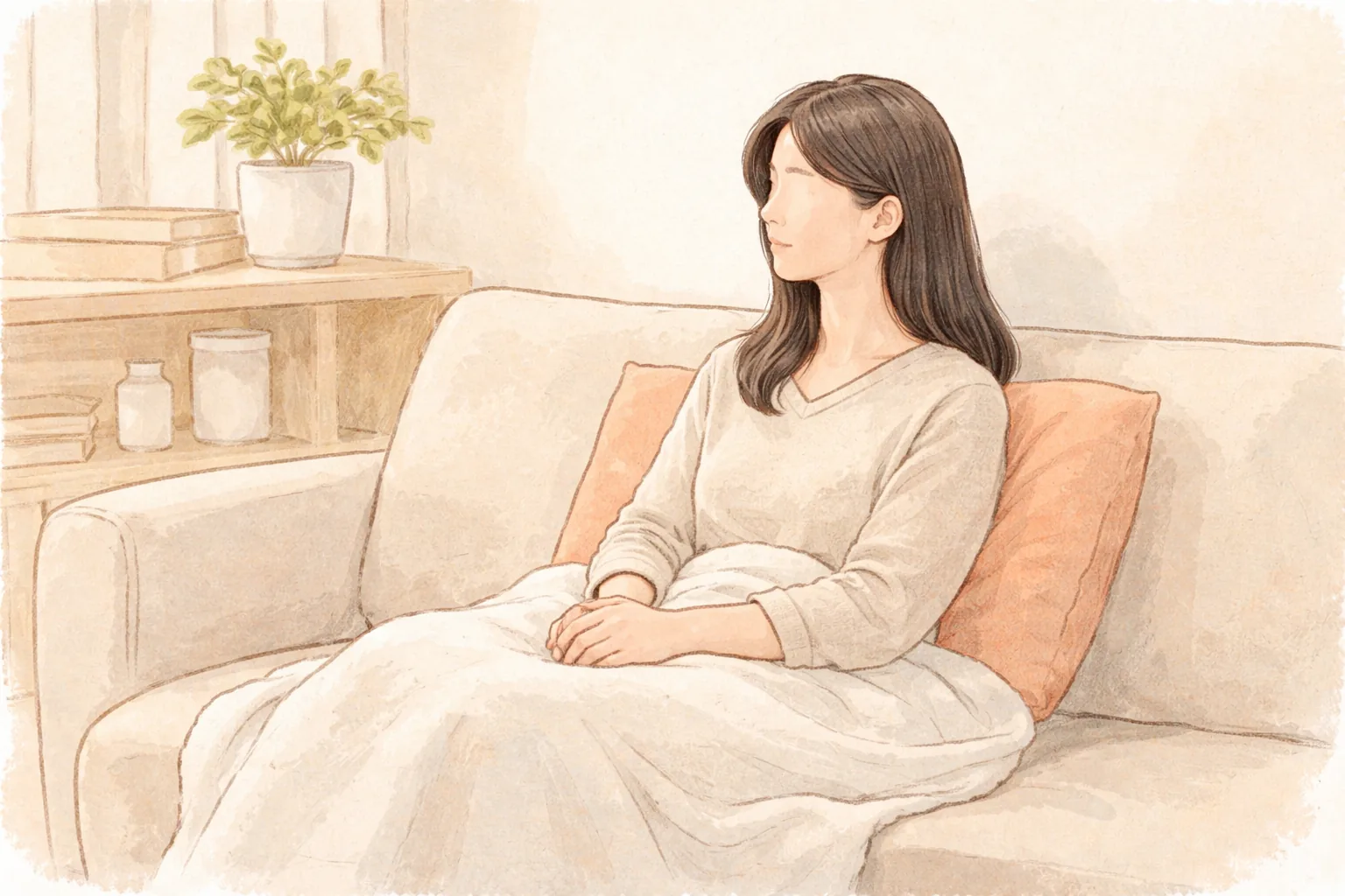 소파에 앉아 두 손을 무릎에 모은 긴 머리 여성과 주황색 쿠션