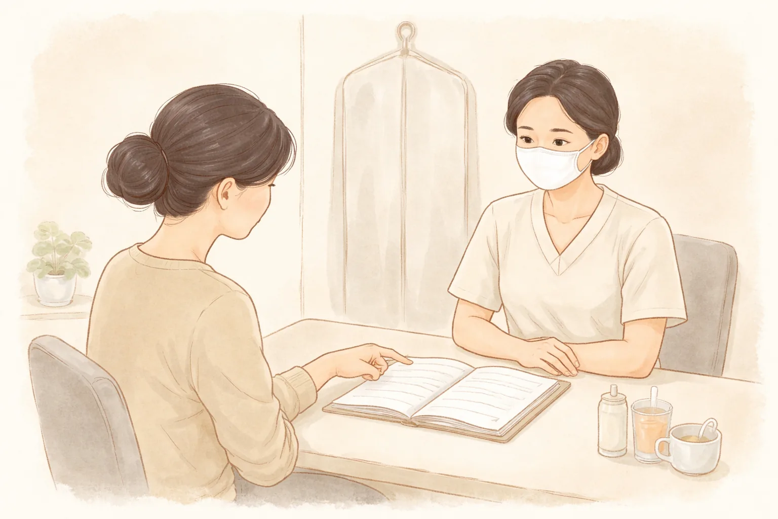 テーブルに広げた手帳を指しながら話す女性とマスク姿のスタッフ