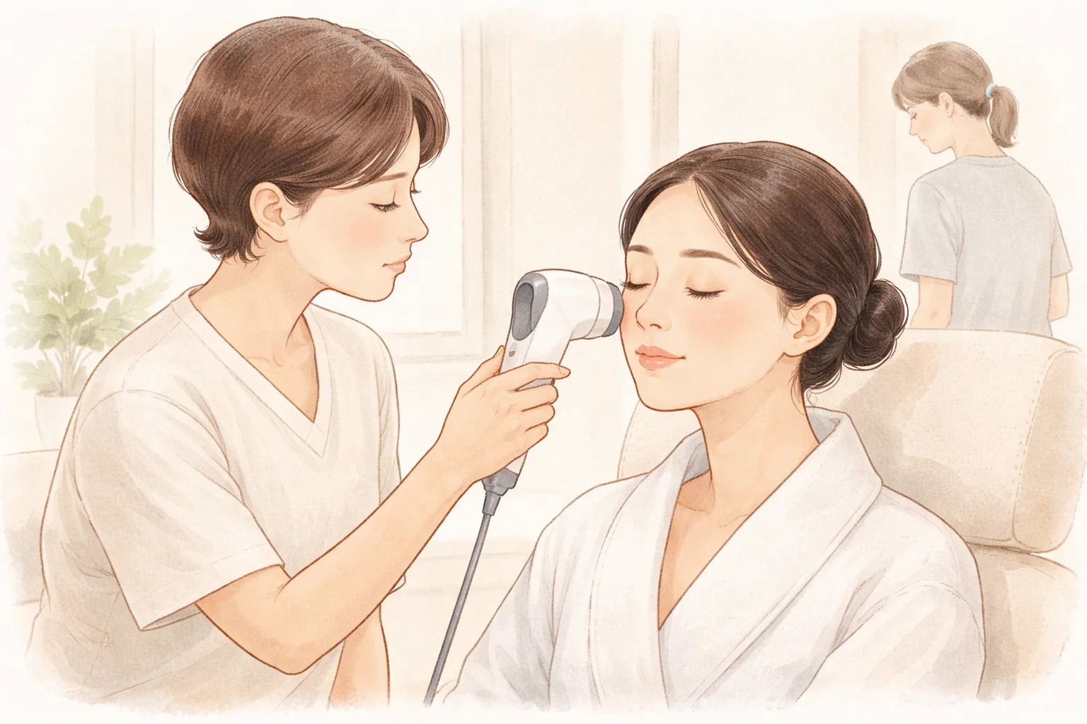 피부 분석 카메라를 사용하는 의료진과 눈 감은 여성, 배경에 서 있는 사람