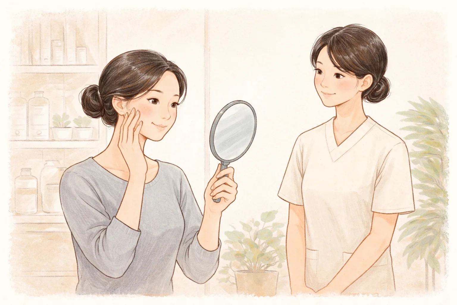 手鏡を持って自分の顔を見る女性と横に立つ医療スタッフ