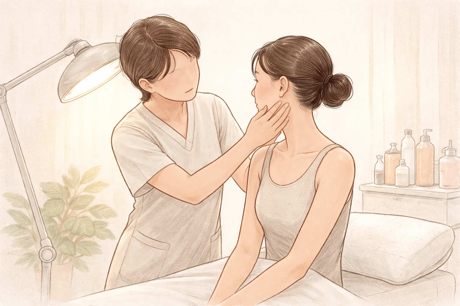 柔和燈光下,醫療人員檢視女性臉頰