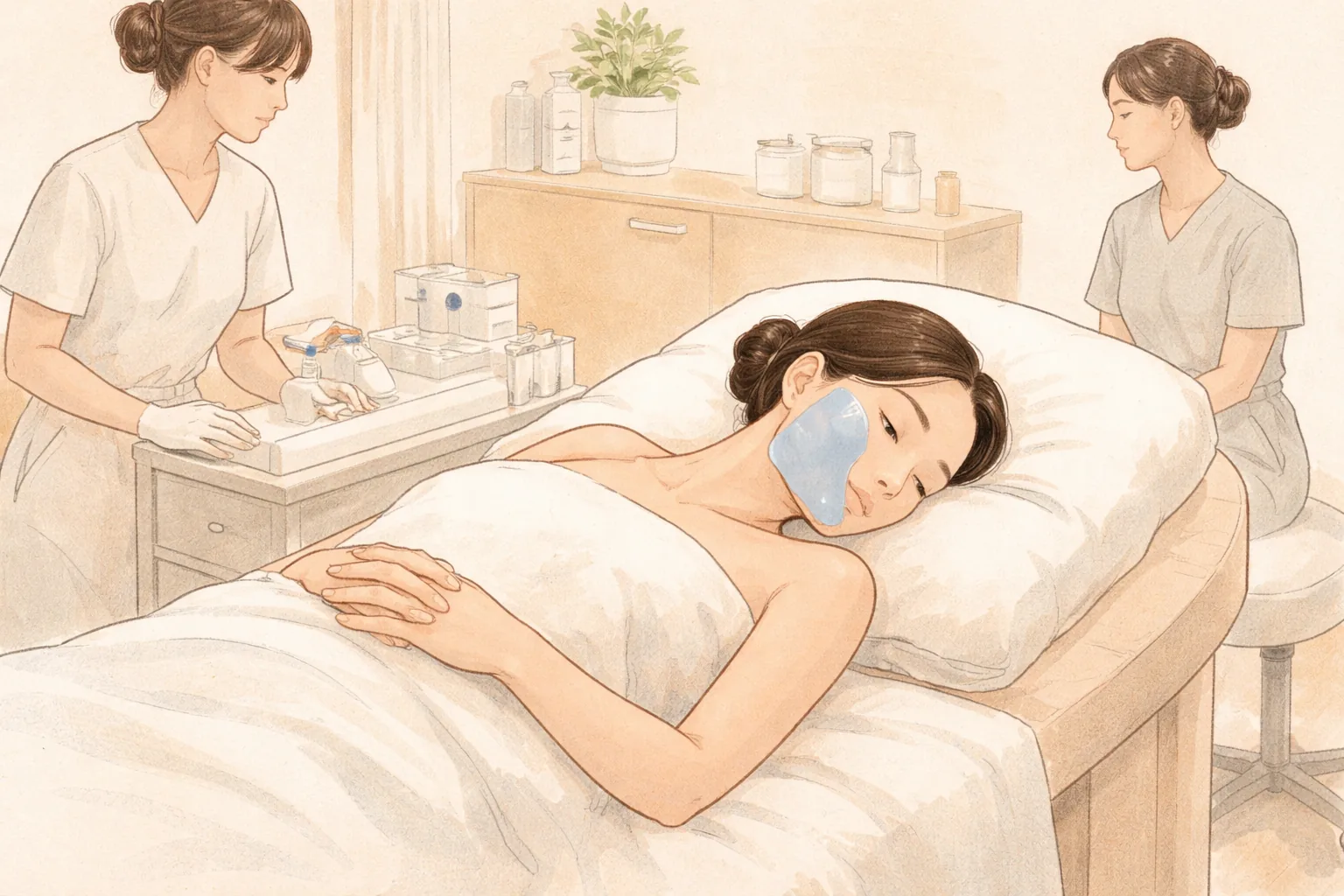 침대에 누워 볼에 쿨링 젤팩을 올린 여성과 두 명의 간호사