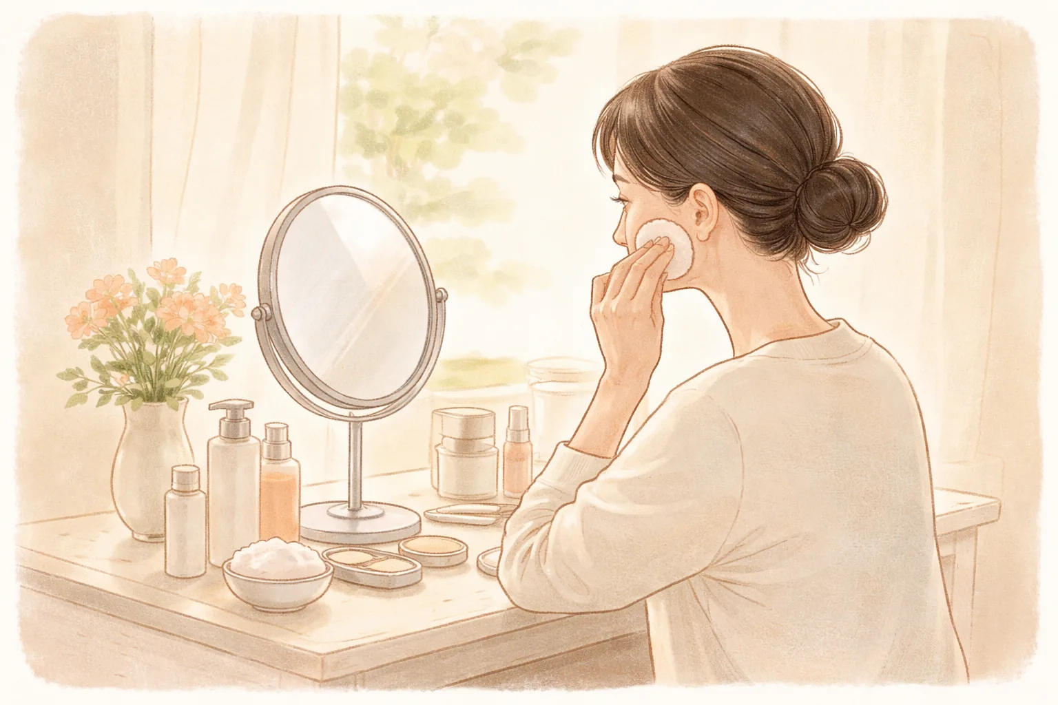 女性早晨在梳妝台前照鏡子，為臉頰上妝