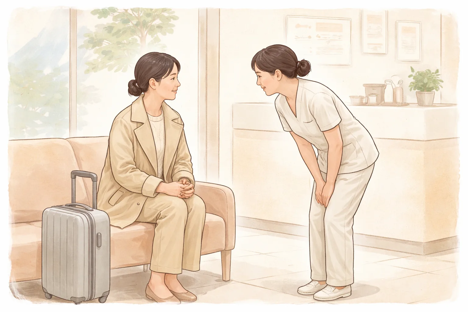 女性坐在行李箱旁與醫療人員交談,醫療人員前來迎接