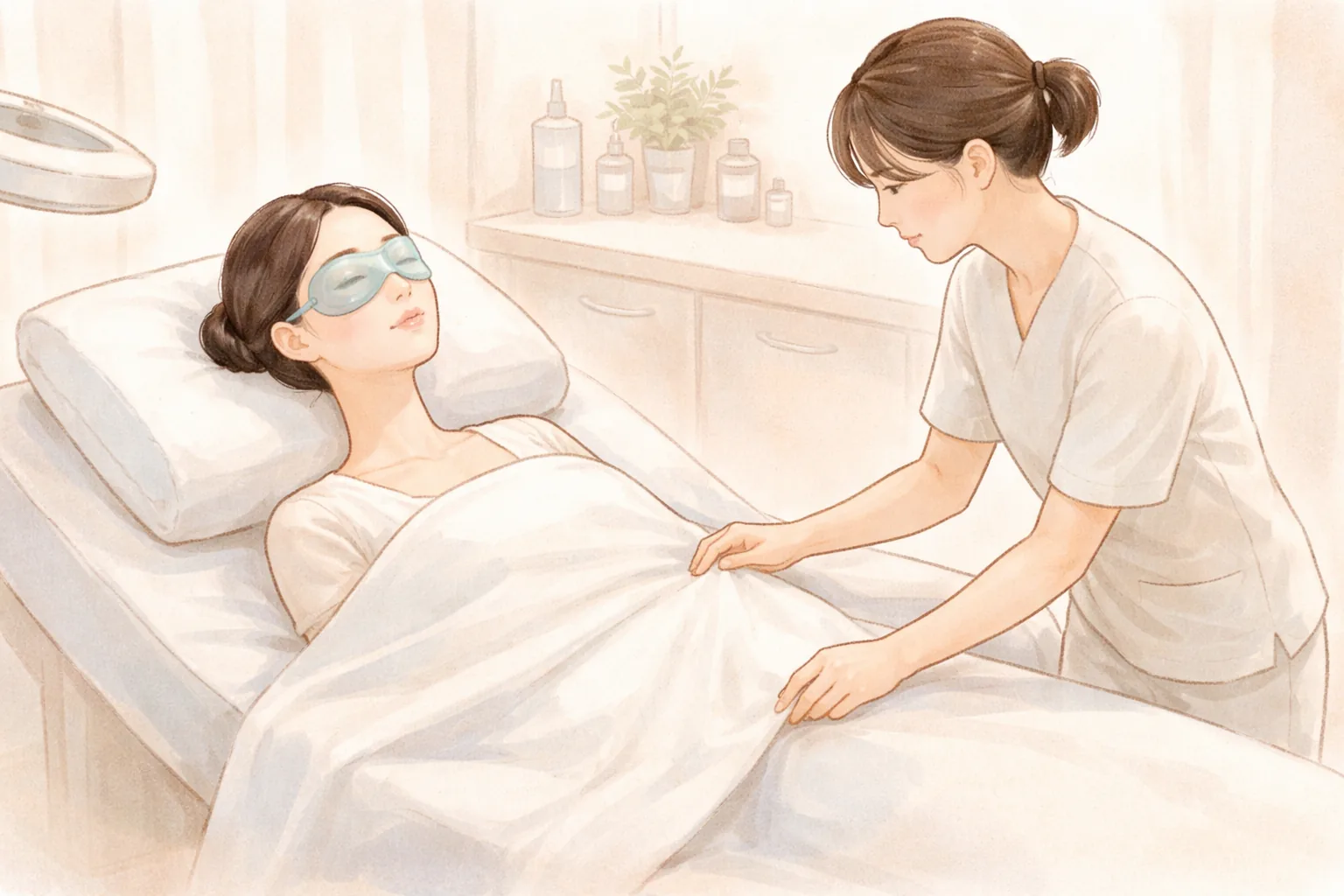 Wanita berbaring dengan gel pad di area mata bawah dan tenaga medis membantu di sampingnya