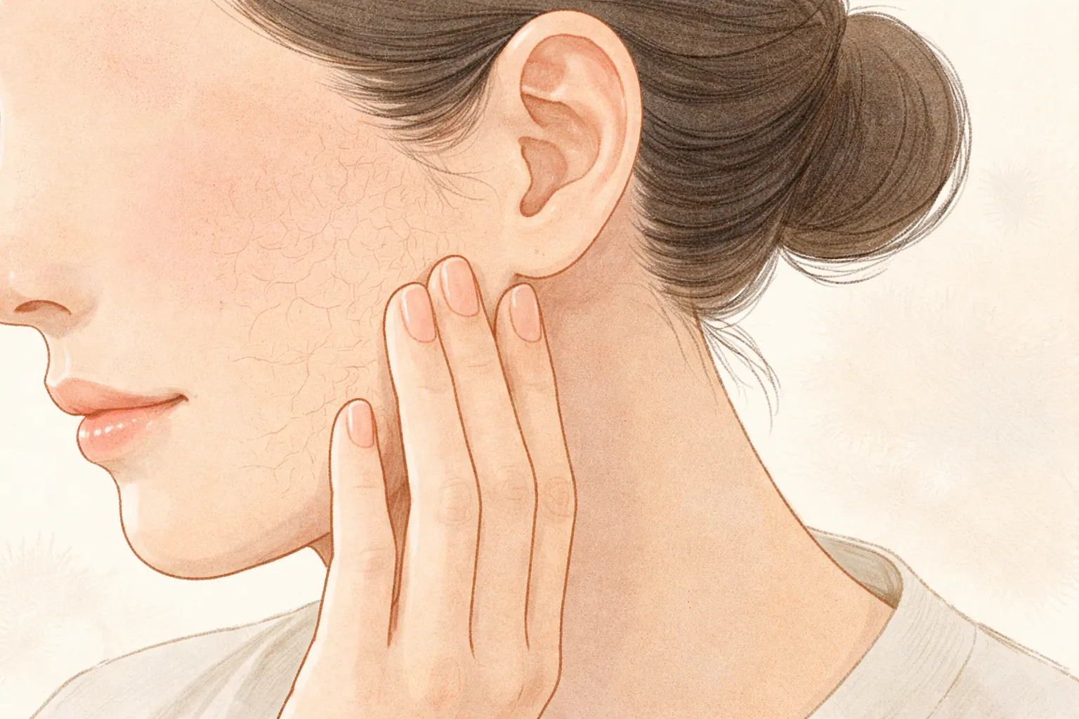 Woman examining her cheek skin with her fingertips