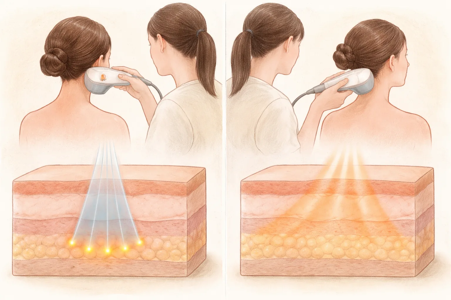 2人の女性が肌に機器を当てており、皮膚断面の下にそれぞれの熱分布が示されている