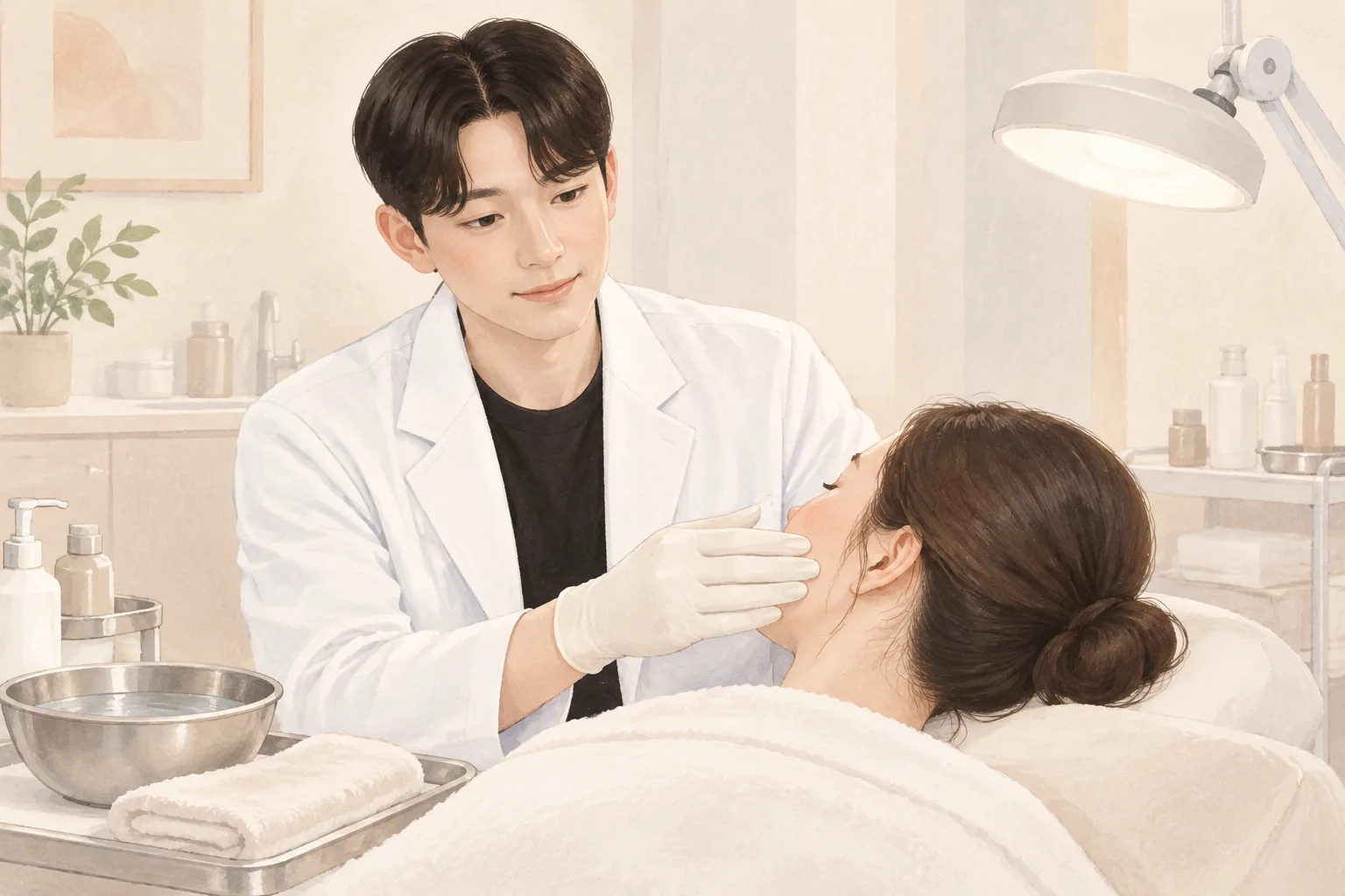 수건과 물이 놓인 진료실에서 환자의 얼굴을 살피는 남성 의사