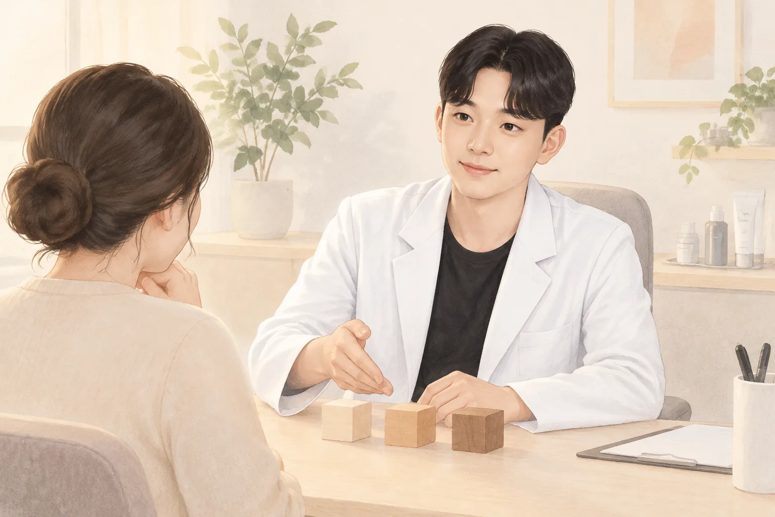의사 복장 남성이 나무 블록 세 개를 가리키며 설명하는 장면