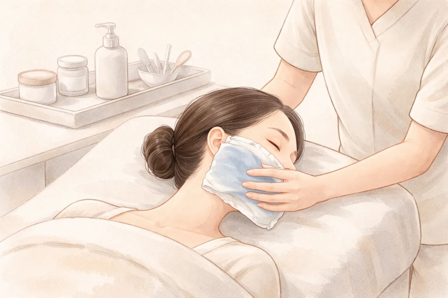 침대에 누워서 볼에 냉찜질 팩을 올린 여성과 간호사