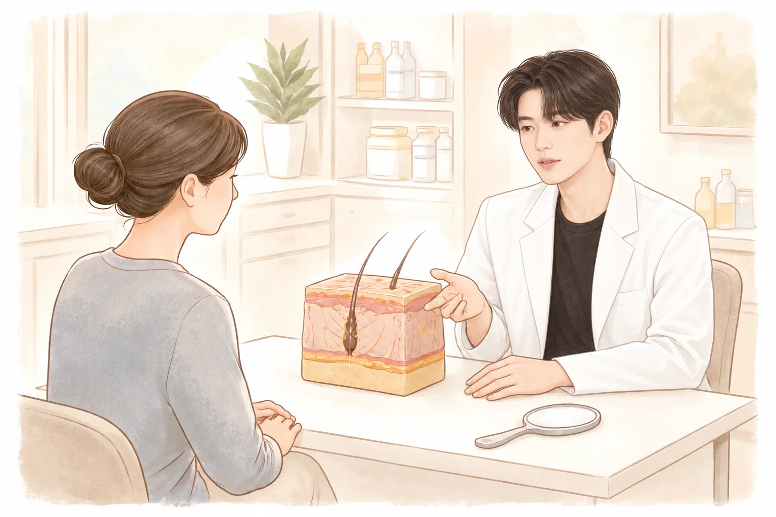 Medical staff and a patient in a consultation room, with staff showing and explaining a skin model.