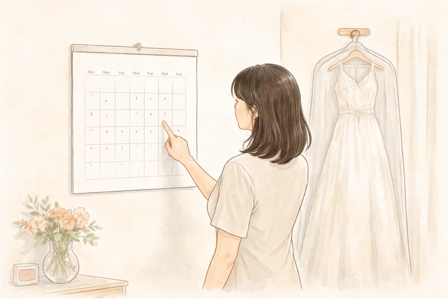 벽걸이 달력 앞에서 날짜를 가리키는 짧은 머리 여성과 옷걸이에 걸린 흰색 드레스