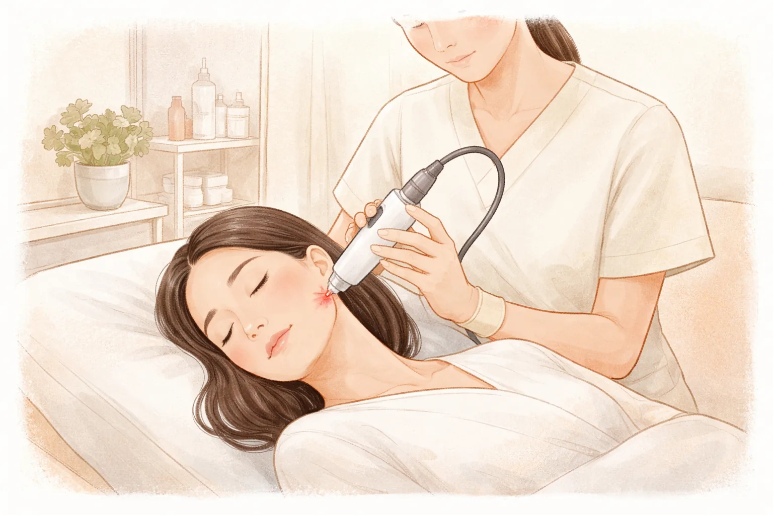 女性平躺,醫護人員手持雷射儀器對準臉頰