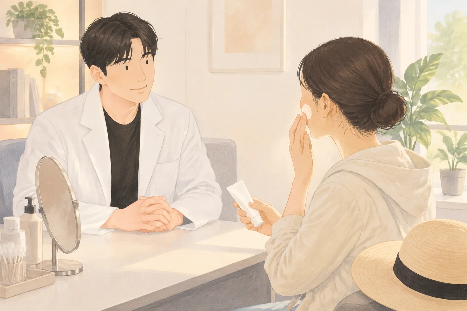 女患者与医生对坐，涂抹防晒霜