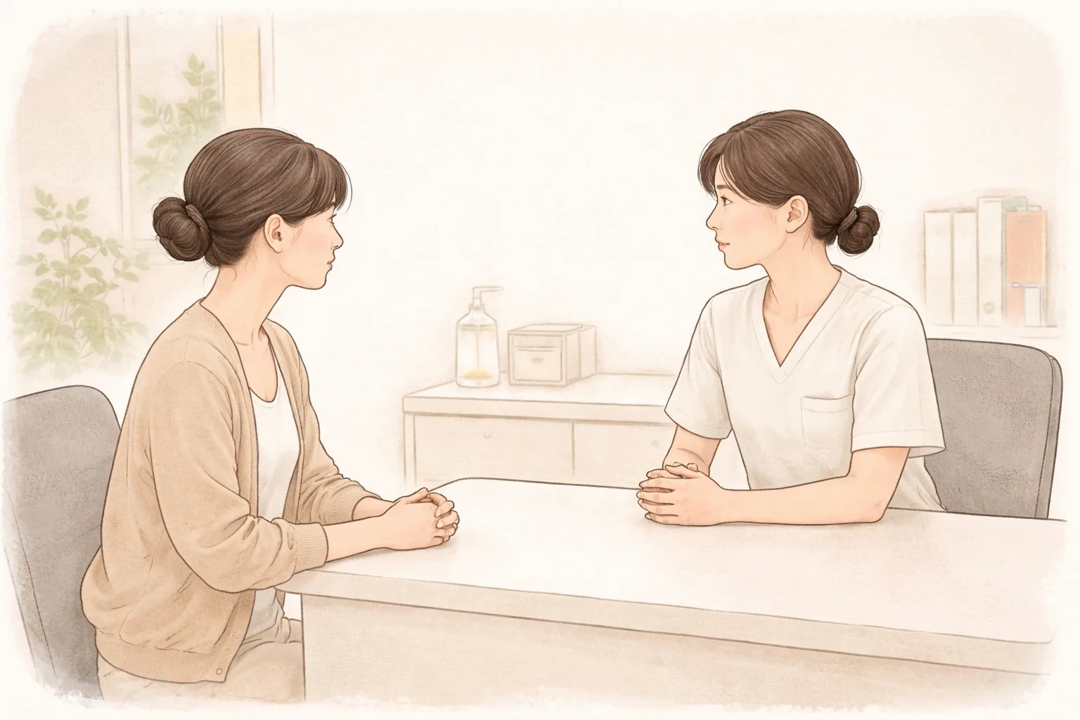Dos mujeres sentadas a ambos lados de un escritorio conversando