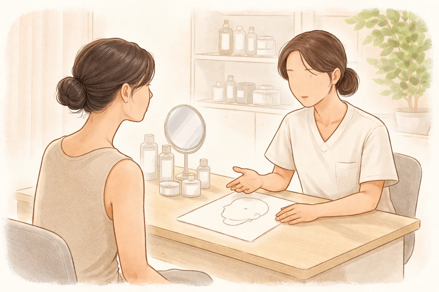 Two women seated across a consultation table discussing a facial diagram